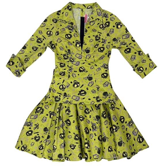 Pinup Couture Lime Green Spooky Skeleton Print 2 Piece Set Top & Skirt Sz S - Picture 5 of 13
